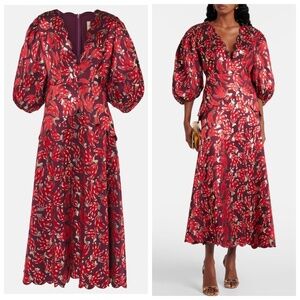 Farm Rio BOSSA Banana Metallic Midi Jacquard Dress Burgundy Red Large - w/ tags